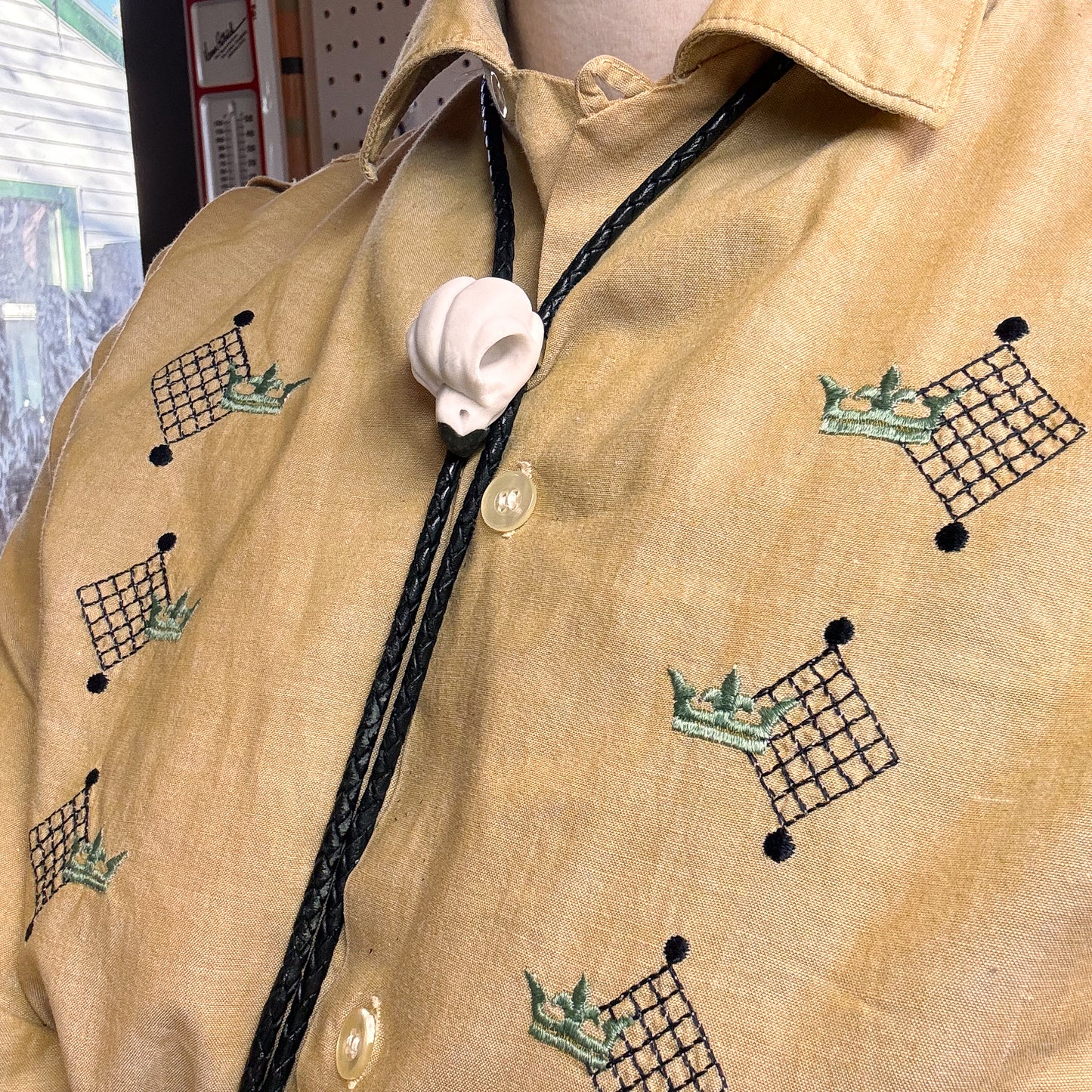 *porcelain* Saw Whet Owl Skull Bolo Tie