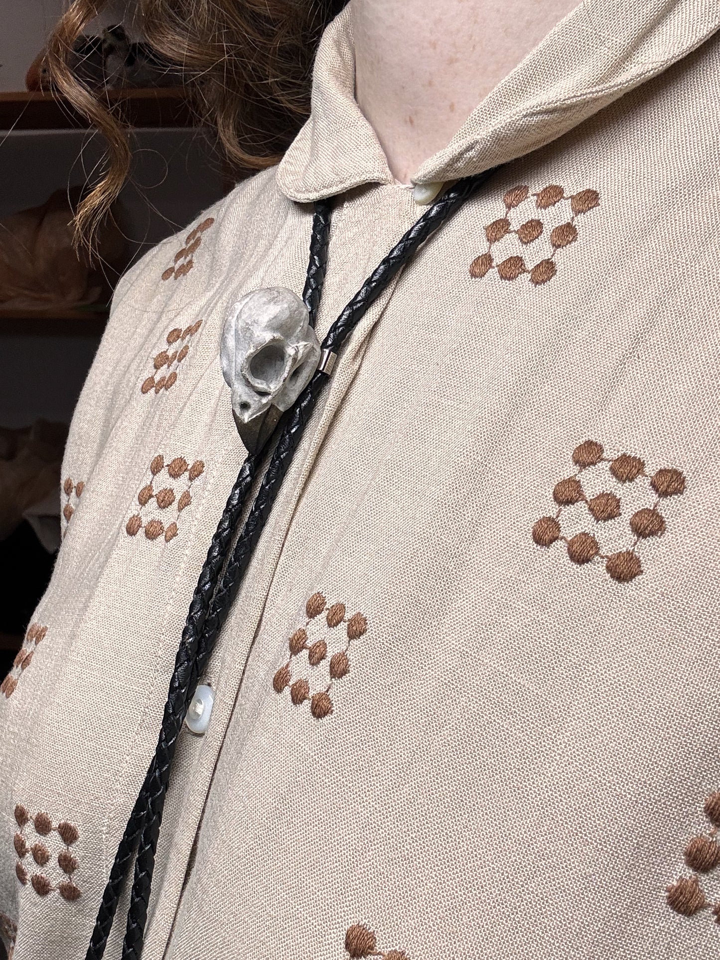 Spotted Towhee Skull Bolo Tie