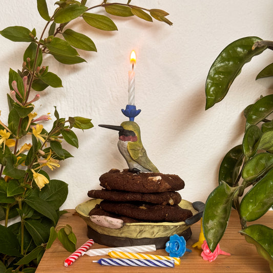 Black-Chinned Hummingbird Birthday Candle Holder - blue flower